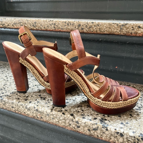 Stuart Weitzman Tempo Saddle Brown Leather Espadrille Block Heel Shoe Size 8 M - Picture 1 of 16